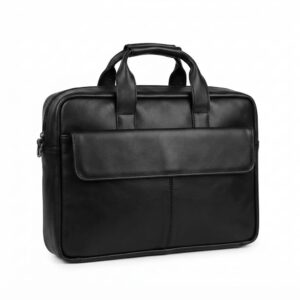 Black Leather Laptop Bag with Front Flap Pocket – Zip-Top Office Bag