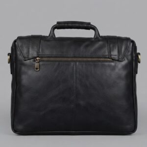Black Leather Briefcase with Front Zip Pocket – Buckle Strap Office Bag