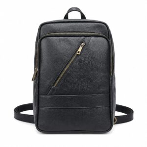 Black Leather Backpack with Diagonal Gold Zip Pocket