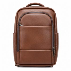 Brown Leather Laptop Backpack – Multi-Pocket Travel Bag