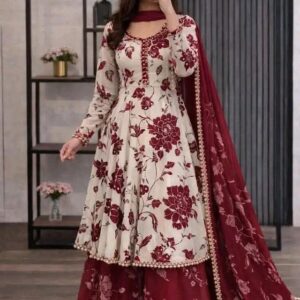Black & Sky Blue & Maroon Floral Anarkali Sharara Set with Dupatta