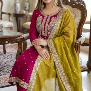 Magenta Embroidered Kurta Set with Mustard Embellished Dupatta
