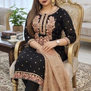 Black Embroidered Kurta Set with Beige Sequined Dupatta