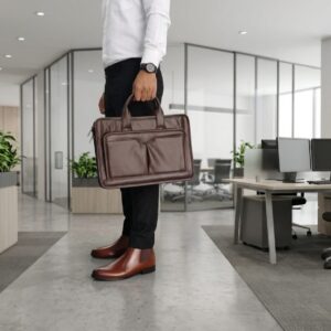 Brown Leather Office Briefcase with Front Pocket – Men’s Laptop Bag