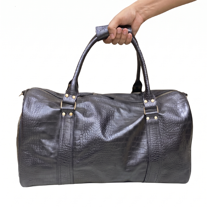 Black Crocodile-Patterned Leather Duffle Bag
