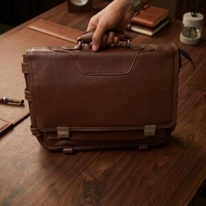 Dark Brown Leather Messenger Briefcase Bag – Twist Lock Office Bag with Shoulder Strap for Men
