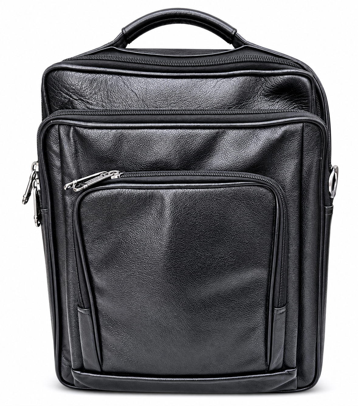 Black Genuine Cow Leather Backpack with Carabiner Zip Pockets Black Genuine Cow Leather Backpack with Carabiner Zip Pockets