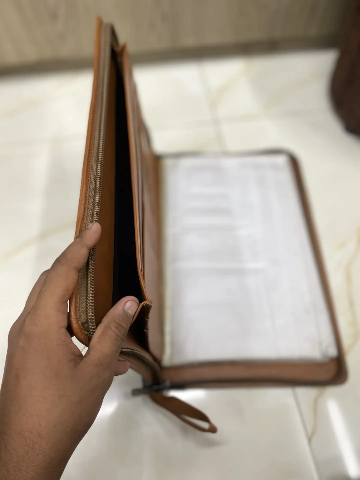 Tan & Black Genuine Cow Leather File Organizer – Zip Document Folder