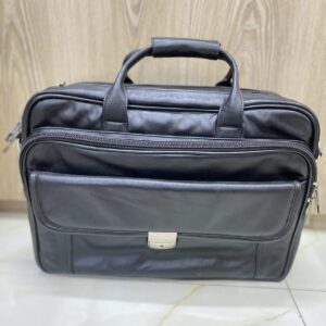 Wide Black Leather Laptop Briefcase with Buckle Lock