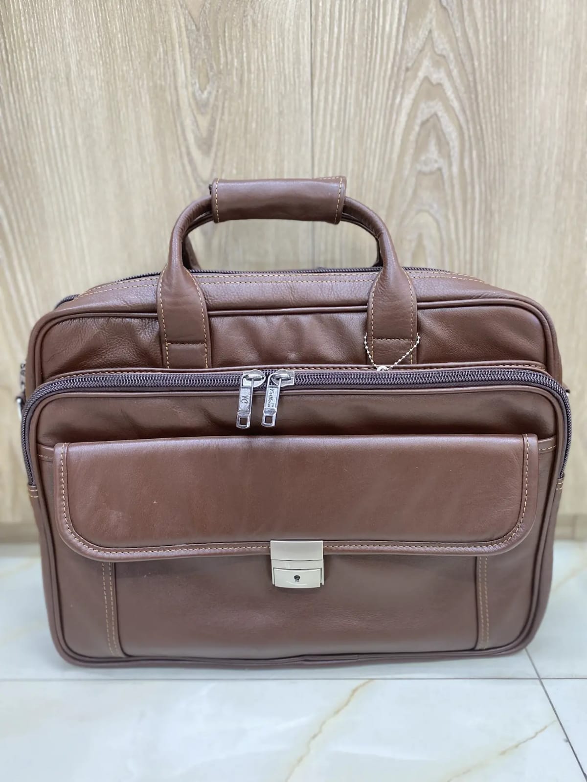 Wide Brown Leather Laptop Briefcase with Buckle Lock Extra-Large Brown Leather Office Bag for Men