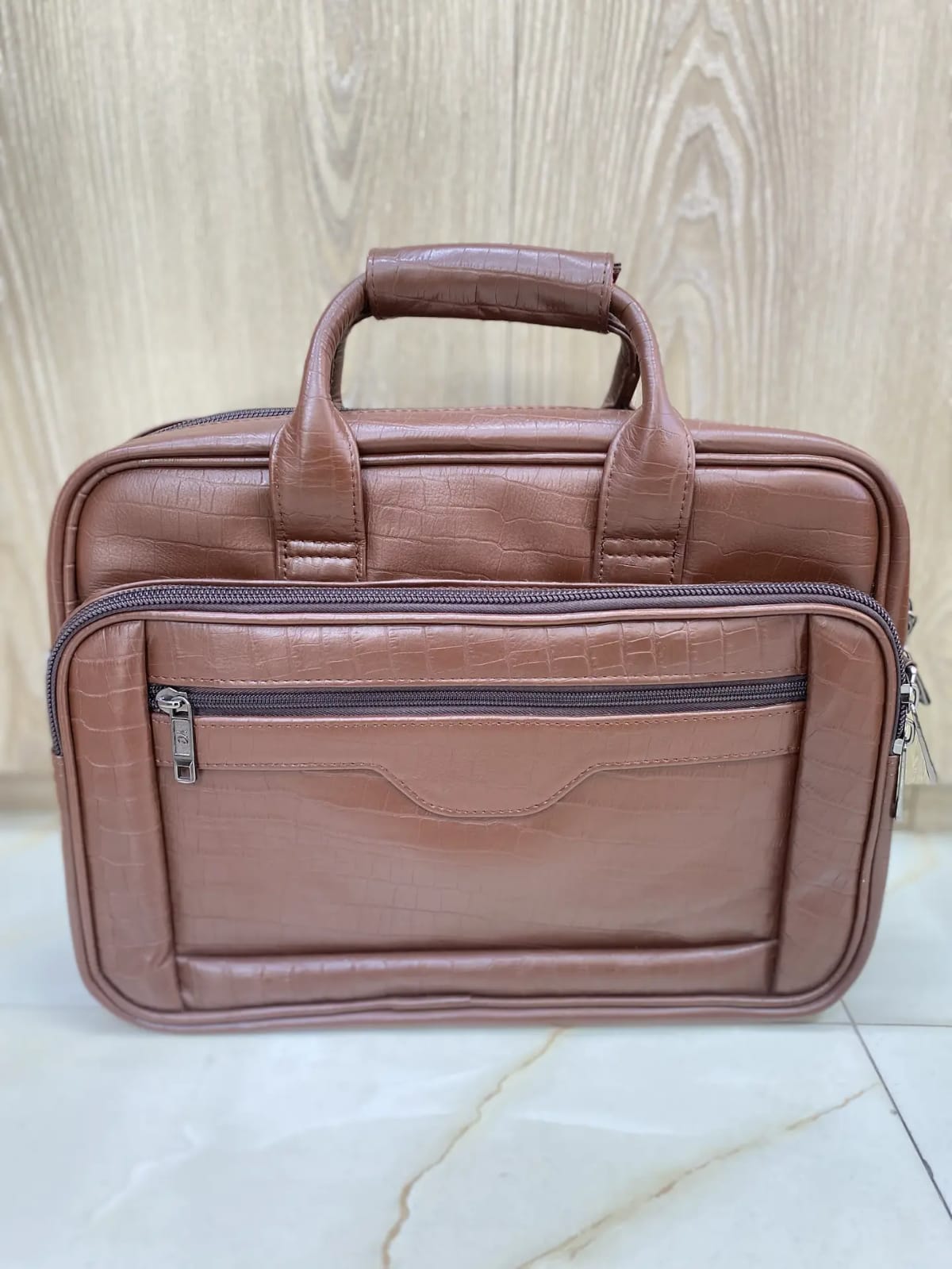 Wide Tan Leather Laptop Briefcase with Multi-Zip Compartments Large Tan Crocodile Print Leather Office Bag