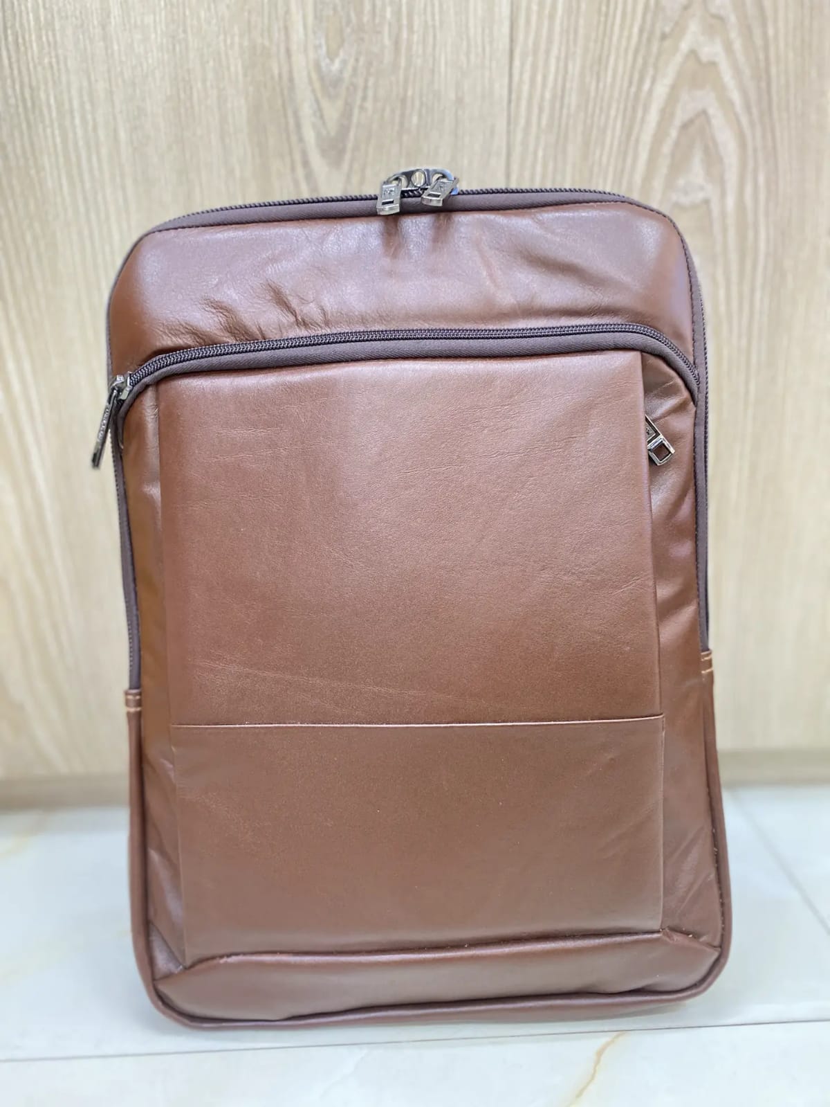 brown leather slim backpack for men minimal leather laptop backpack