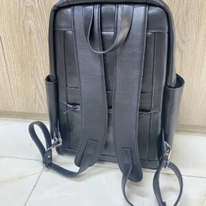 Genuine black leather laptop backpack with padded straps and side pockets
