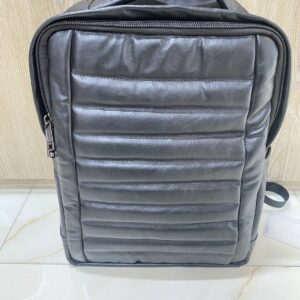 Genuine black quilted leather backpack with padded mesh straps