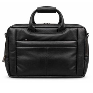 Classic black leather executive briefcase with padded top handle and front pocket
