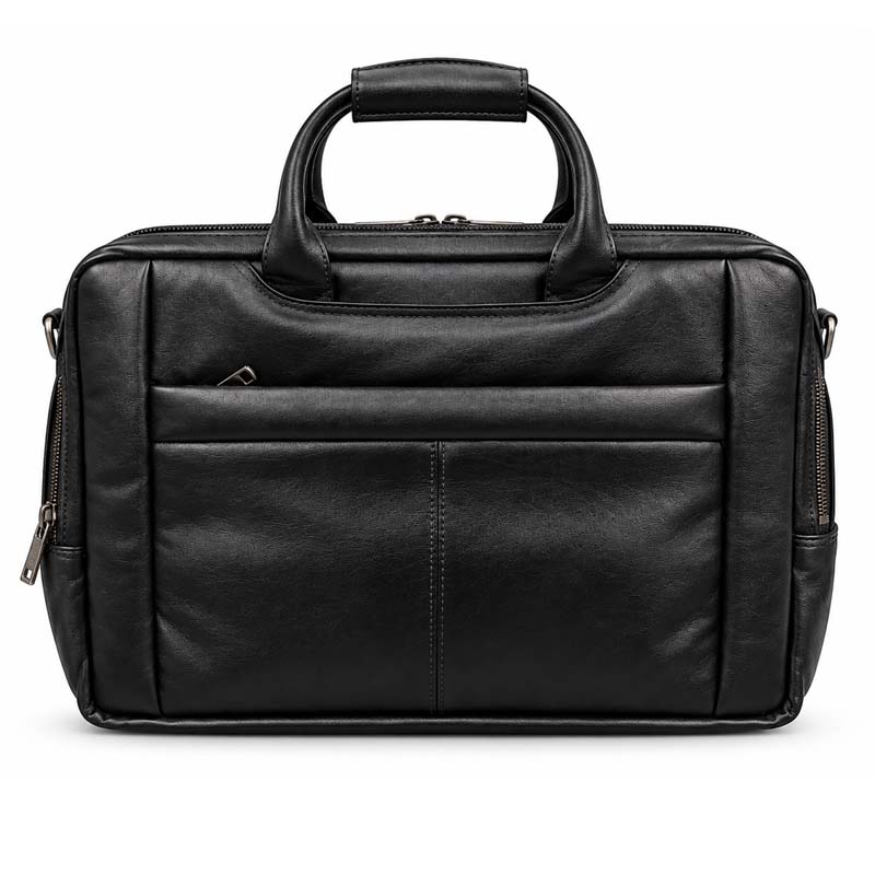 Black Leather Briefcase on White Classic black leather executive briefcase with padded top handle and front pocket