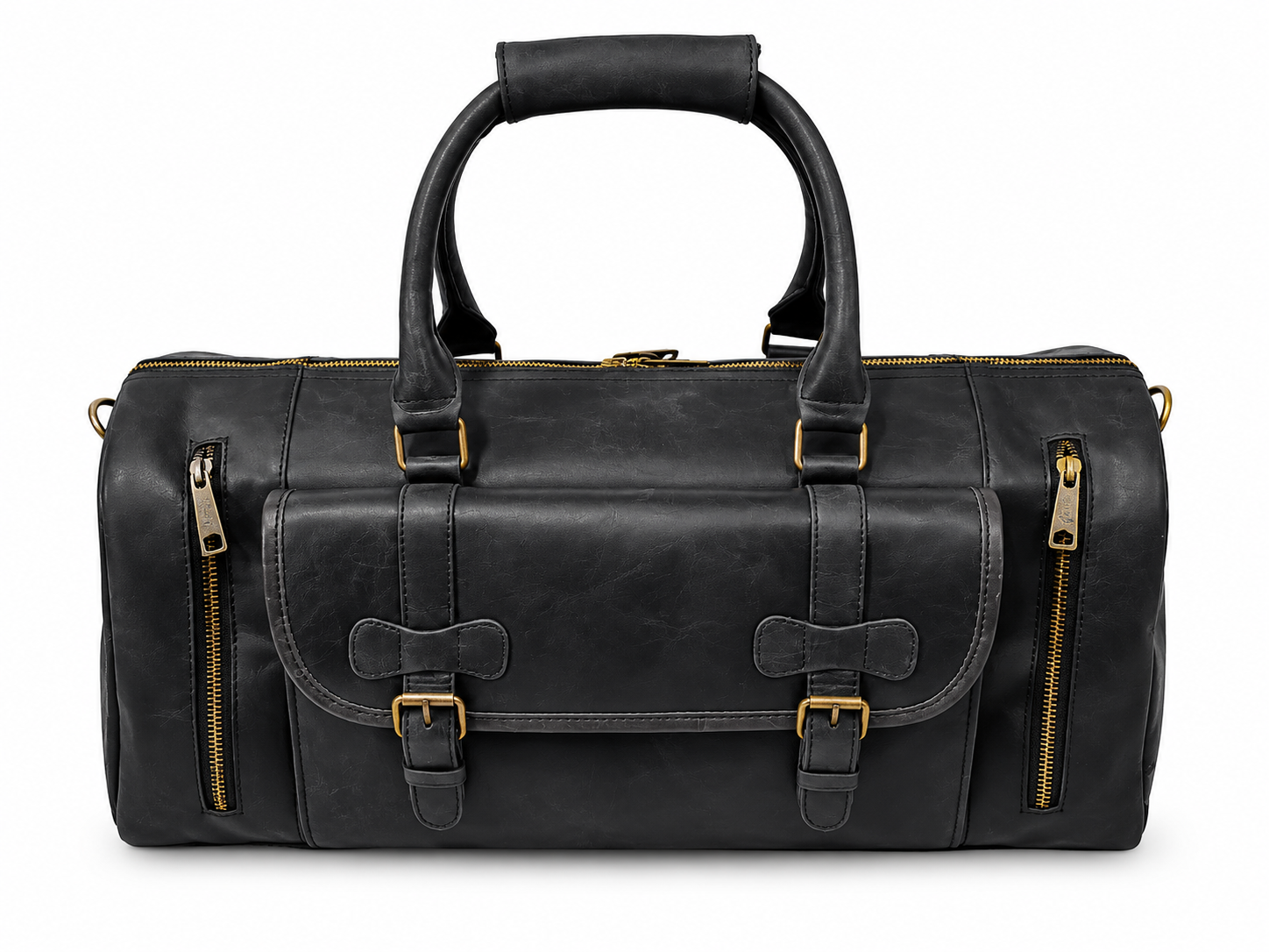 Black Leather Duffel Bag with Brass Hardware
