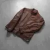 Dean brown leather biker jacket with snap-tab collar and brass zippers