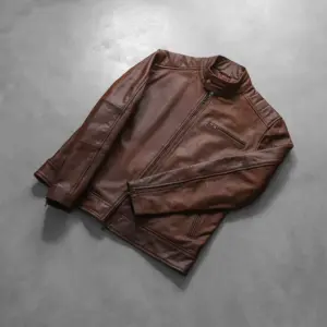 Dean brown leather biker jacket with snap-tab collar and brass zippers