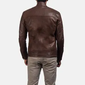 Dean brown leather biker jacket with snap-tab collar and brass zippers