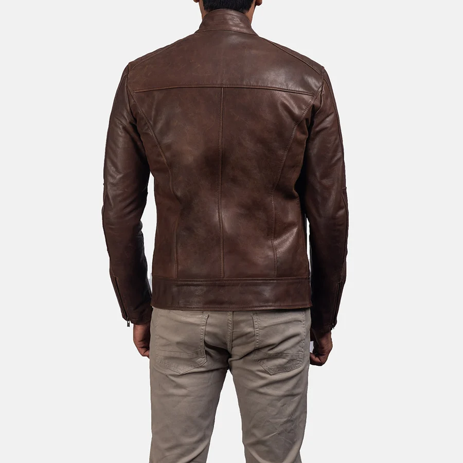 Dean brown leather biker jacket with snap-tab collar and brass zippers