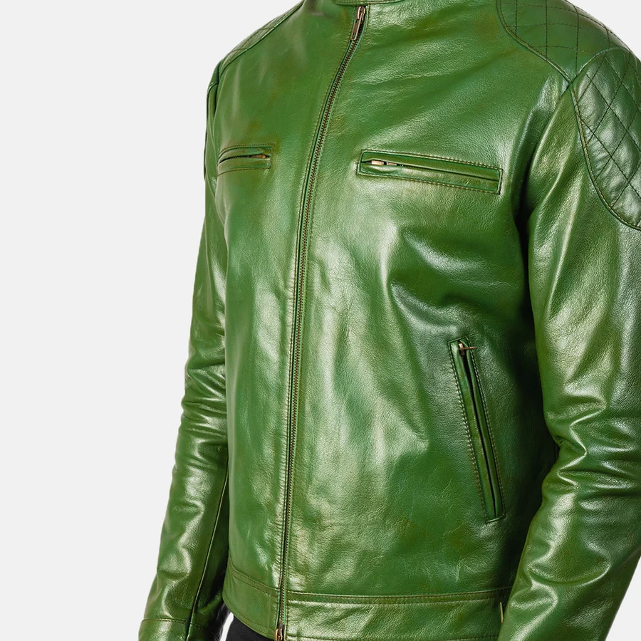 Men's Green Leather Biker Jacket | Burnished Sheepskin Men's Green Leather Biker Jacket | Burnished Sheepskin