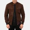 Men's brown suede bomber jacket with snap collar and rib knit cuffs