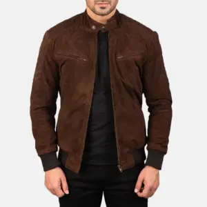 Men's brown suede bomber jacket with snap collar and rib knit cuffs