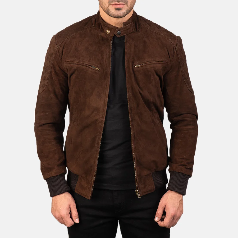 Men's brown suede bomber jacket with snap collar and rib knit cuffs