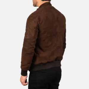 Men's brown suede bomber jacket with snap collar and rib knit cuffs