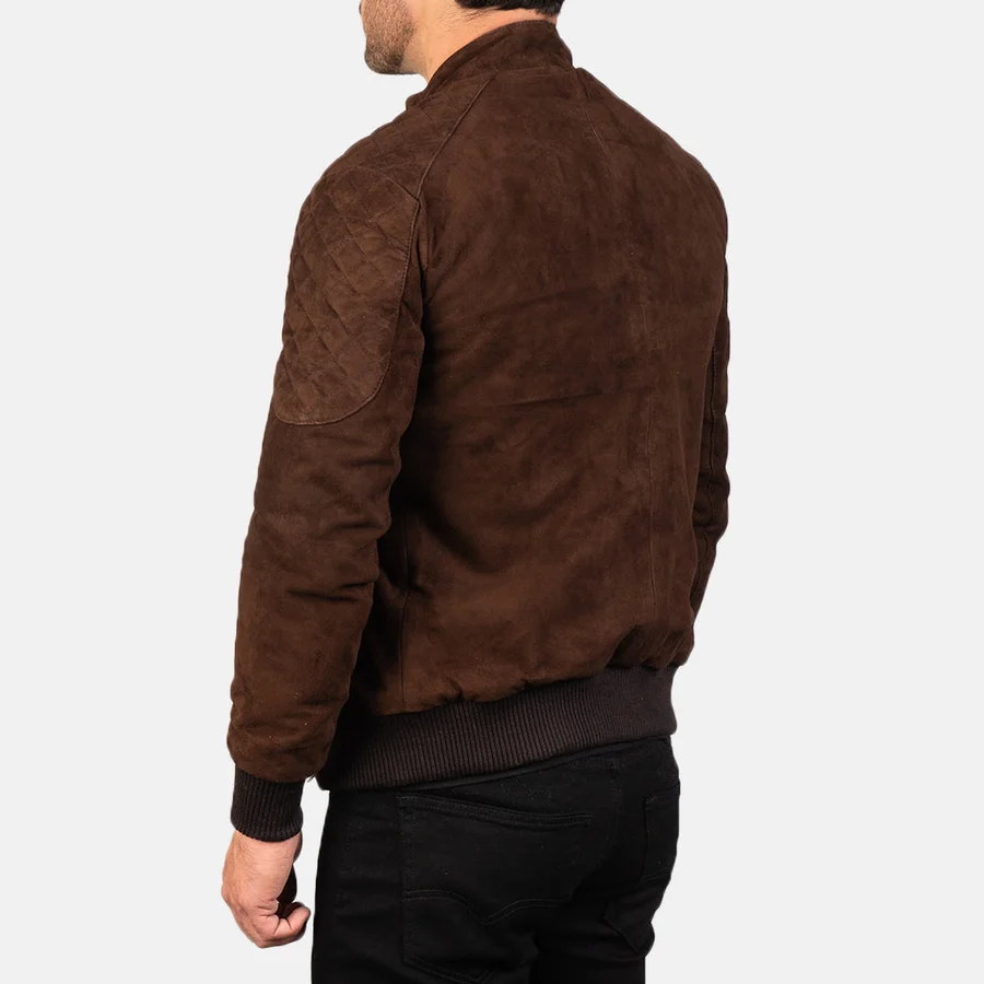 Men's brown suede bomber jacket with snap collar and rib knit cuffs