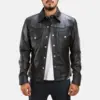 Men's black leather shirt jacket with western flap chest pockets and snap buttons