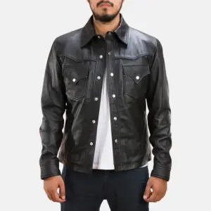 Men's black leather shirt jacket with western flap chest pockets and snap buttons