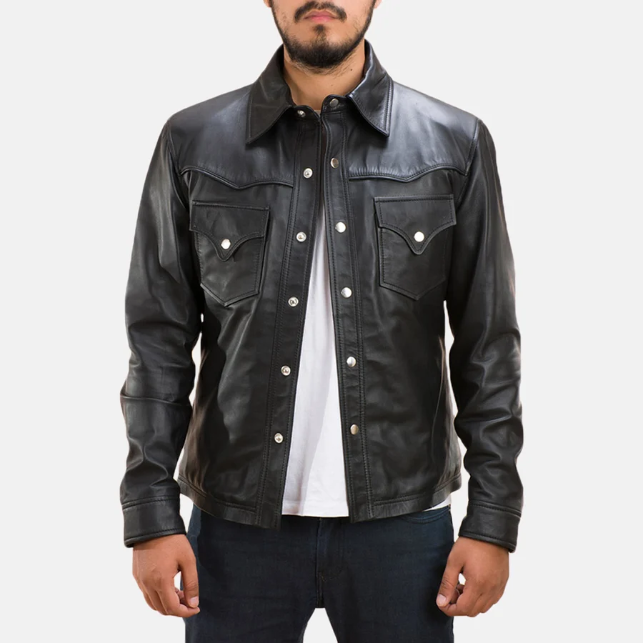 Men's black leather shirt jacket with western flap chest pockets and snap buttons