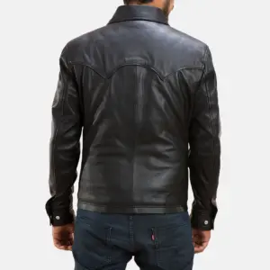 Men's black leather shirt jacket with western flap chest pockets and snap buttons
