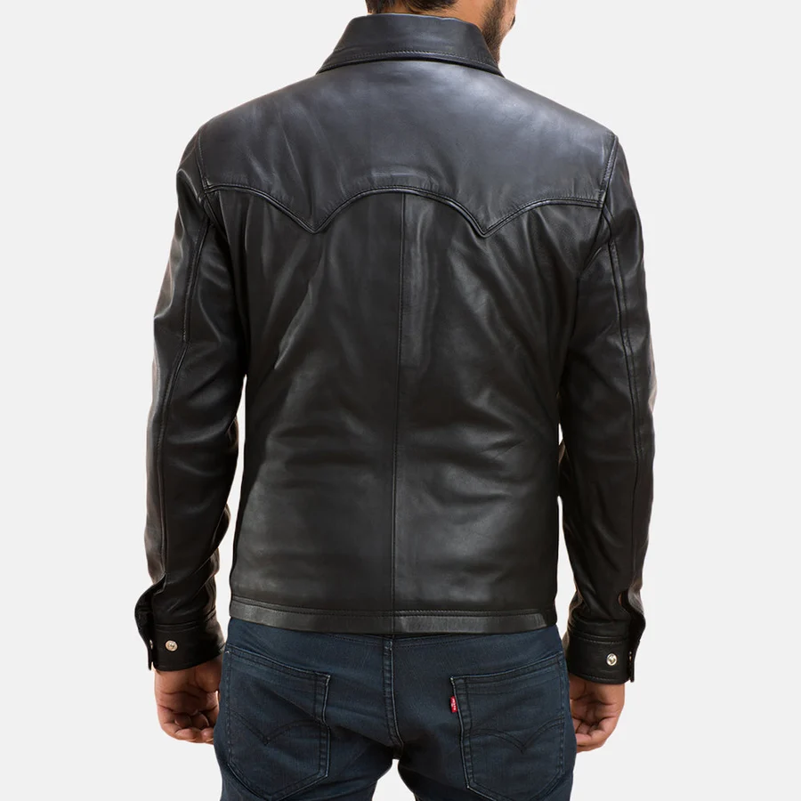 Men's black leather shirt jacket with western flap chest pockets and snap buttons